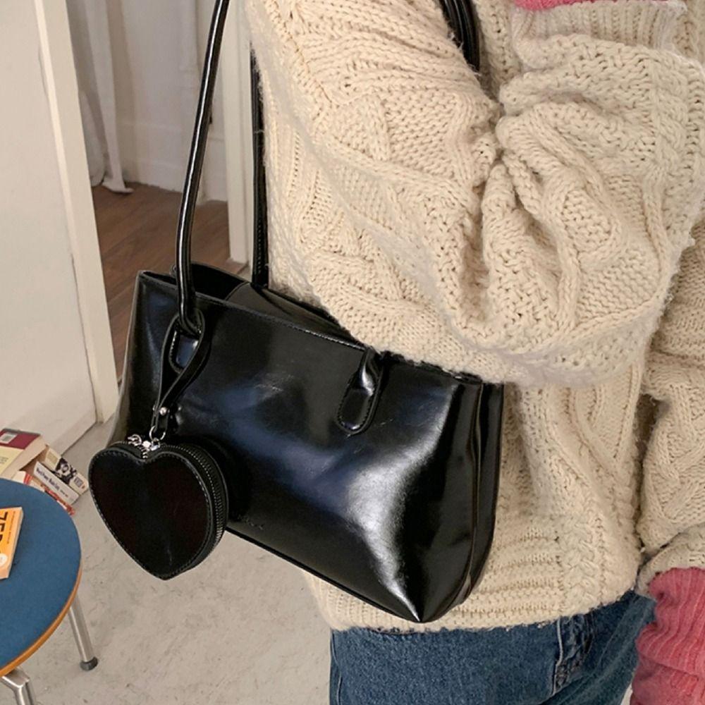Solid Color Glossy Black Shoulder Bag Korean Style Small Square Bag French Underarm Bag Girls