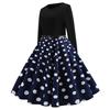Women Vintage Long Sleeve O Neck Evening Dot Printing Party Prom Swing Dress