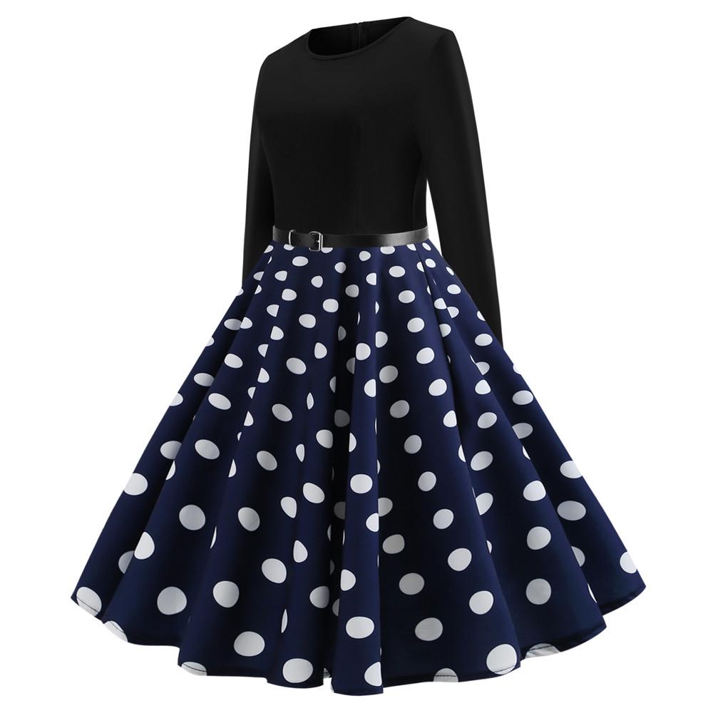 Women Vintage Long Sleeve O Neck Evening Dot Printing Party Prom Swing Dress