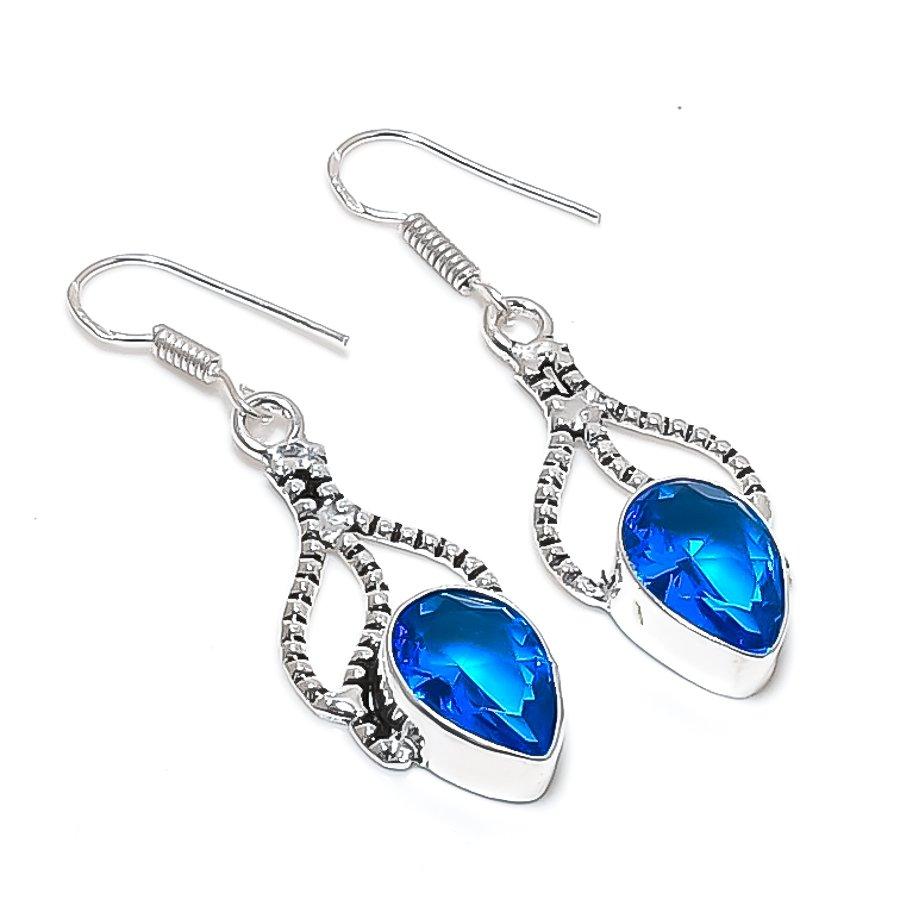 Swiss Blue Topaz Gemstone 925 Sterling Silver Jewelry Earring 1.93" KJ-733