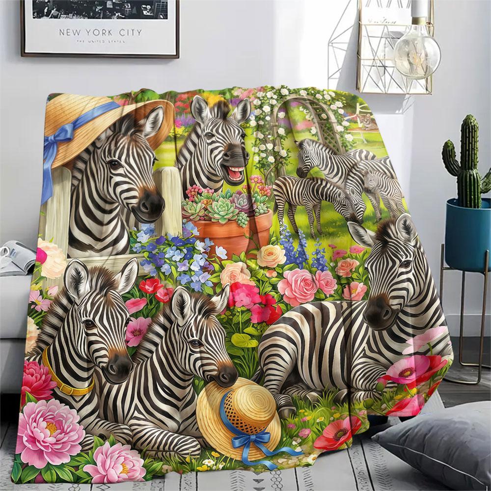 1PC Zebra Garden Party Printed Flannel Blanket High quality All Seasons for Lunch Break Warmth and Comfort Birthday Present Christmas Gifts