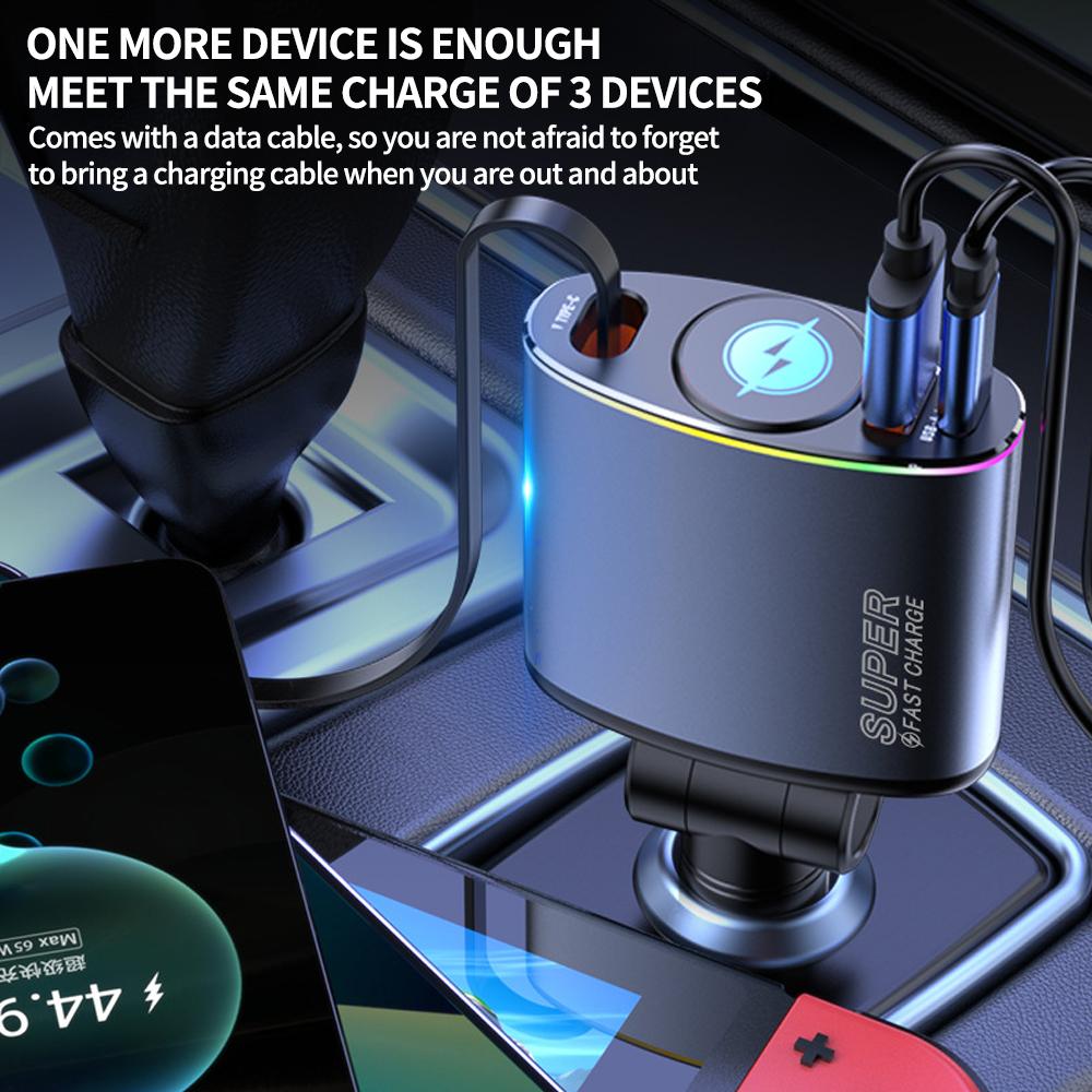 Втягивающееся автомобильное зарядное устройство USB C 66 Вт Быстрая зарядка Прикуриватель для iPhone 16 15 Pro Samsung Разъем питания с подсветкой
