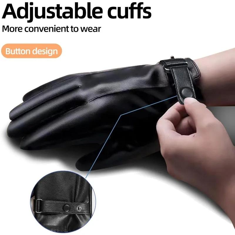 Зимние перчатки для мужчин, перчатки из натуральной кожи, теплые перчатки с бархатной подкладкой, перчатки с сенсорным экраном, перчатки из ПУ для активного отдыха, велоспорта, вождения, мотоцикла