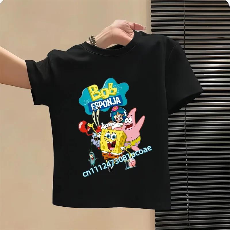 2026 SpongeBob Summer Tshirt for Children 100 Cotton ShortSleeved Boys Sport Shirt Girls Casual Top with Cartoon Print