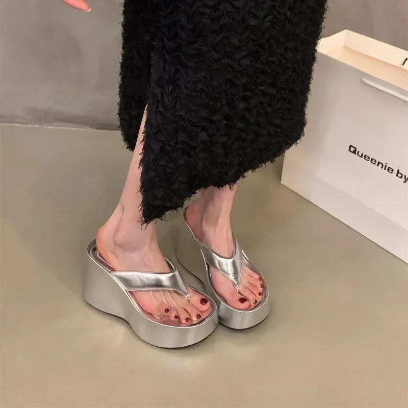 Women Wedge Clip Toe Flip Flops Summer Fashion Chunky Platform Beach Sandals Ladies Thick Sole High Heeled Slippers Slides
