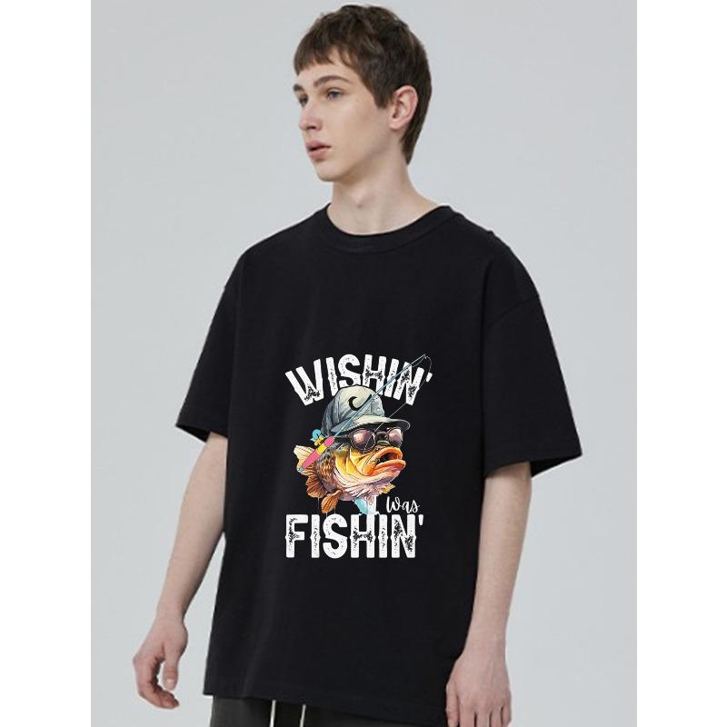 Мужская повседневная футболка черная Wishin Was Fishin рыбалка рыба с шляпой и солнцезащитными очками графический принт лето уличная одежда для отдыха