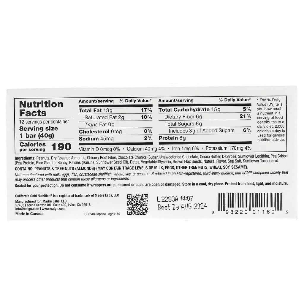 California Gold Nutrition Foods, Peanut and Dark Chocolate Chunk Snack Bars, 12 Bars, 1.4 Oz (40 G) Each