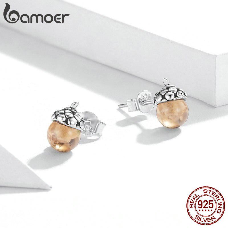 Bamoer Stud Earrings for Women 925 Sterling Silver Oxidized Silver Ear Studs Shining Acorns Engagement Statement Jewelry