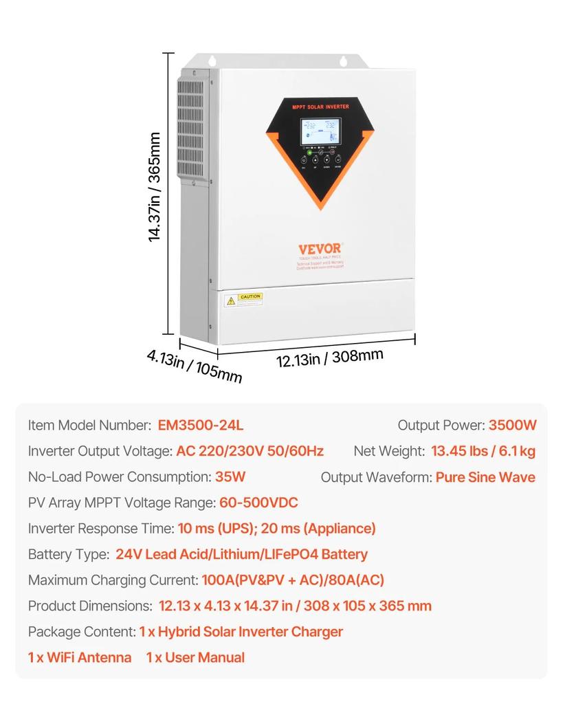 VEVOR Hybrid Solar Inverter, 3500W, All in One Pure Sine Wave Power Inverter Charger, 24V DC to Single-Phase 220/230V AC