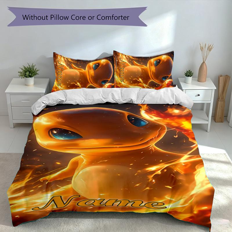 3pcs Custom Name Pokémon Charmander Bedding Set,Includes 1 Duvet Cover and 2 Pillowcases,All-season Bedroom Decor