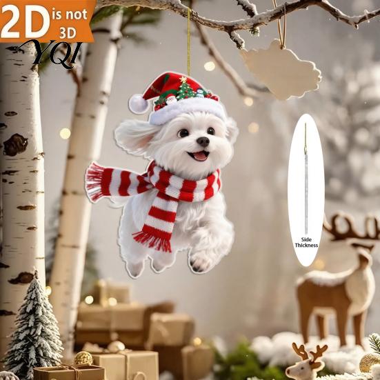 Christmas Tree Decorations 2 Pcs Dog Ornaments for Tree, 2D Flat Acrylic Festive Hanging Decoration Pendants with Hat And Scarf Holiday Home