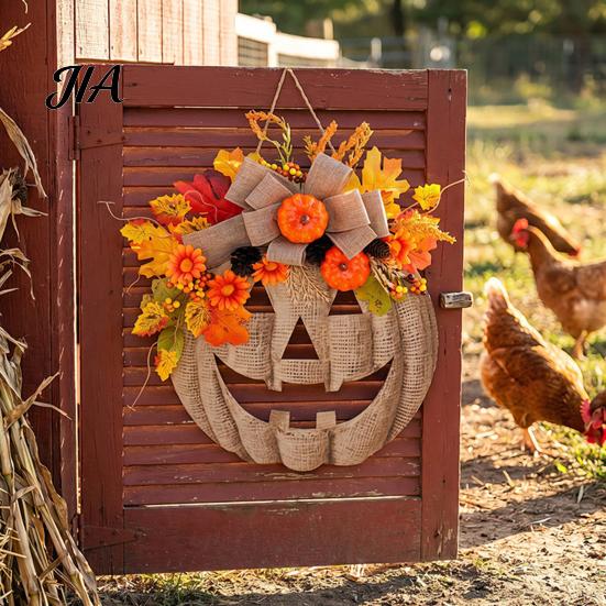 Festival Seasonal Ornament for Kitchen Wooden Pumpkin Halloween Door Sign with LED Lights, Artificial Floral Hanging Decorative Pinecones Fireplace