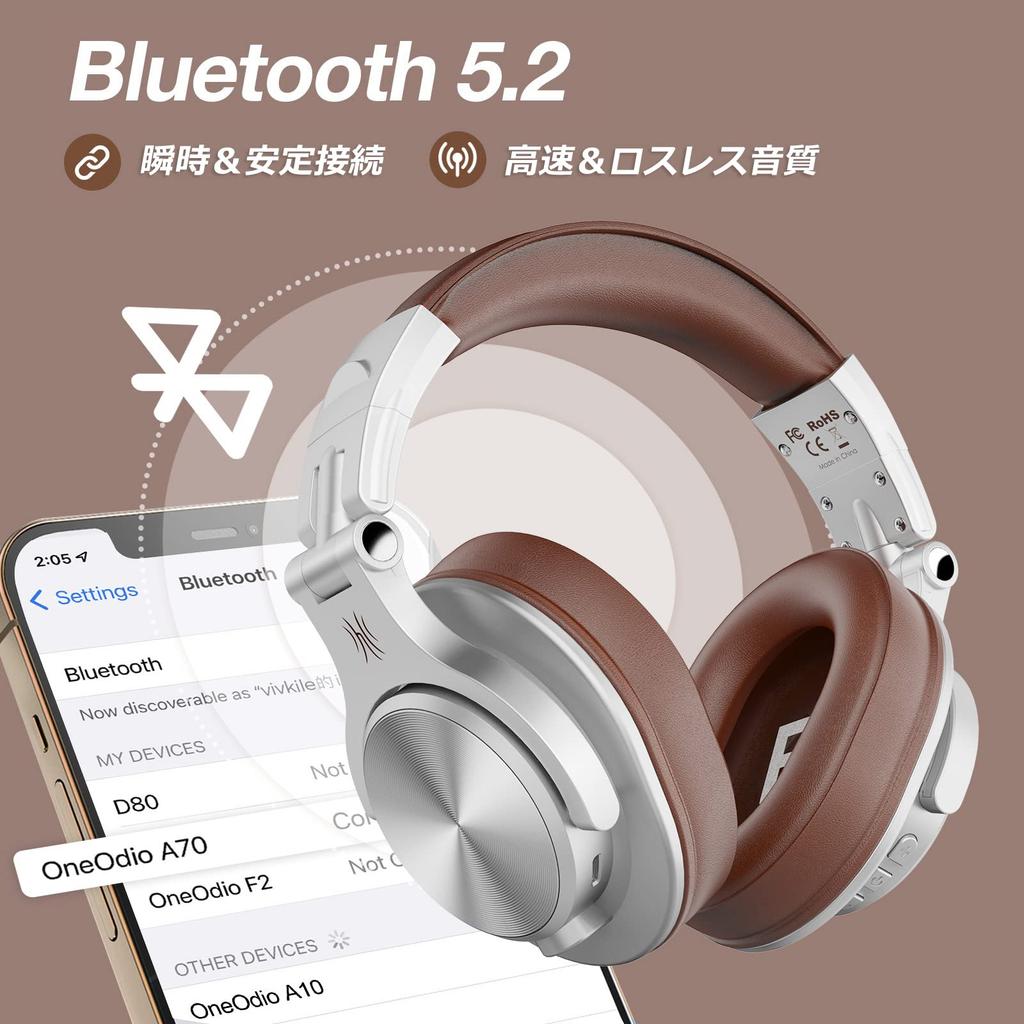 OneOdio Bluetooth Беспроводные 72 часа с AAC DJ Мониторные для Прослушивания Инструмента и Серебристые 5.2 Наушники, Воспроизведение, Закрытого Типа, Микрофон,