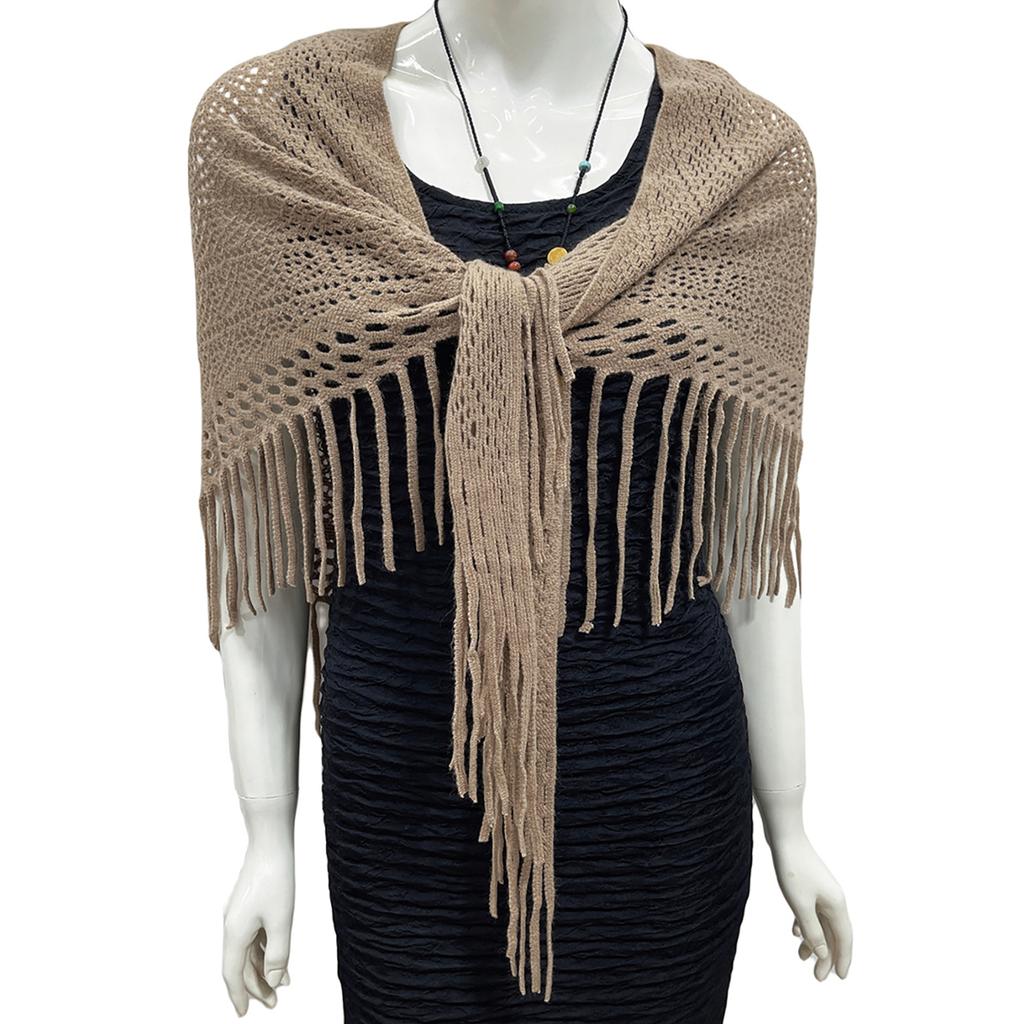 Women's Hollowed Knitted Triangular Scarf Imitation Cashmeres Soft Winter Shawl Wrap Neckerchief Blanket with Fringes