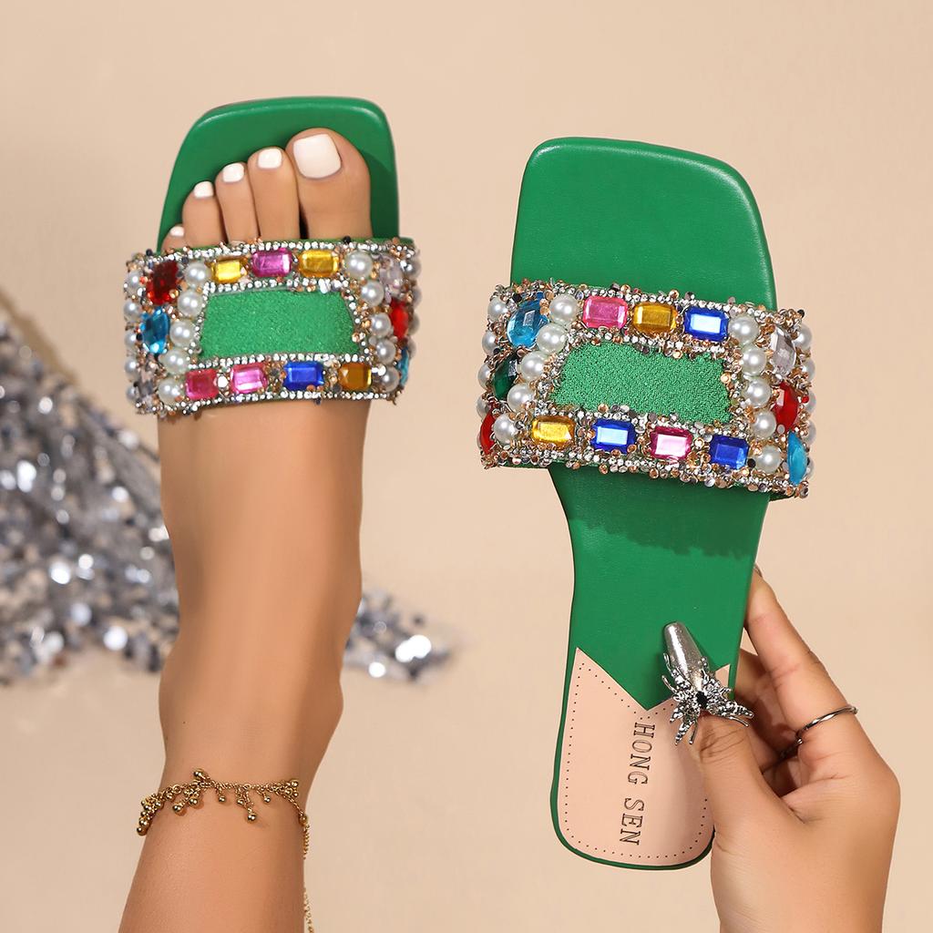 Модные женские модные шлепанцы на плоской подошве на лето, новые квадратные, неглубокие, с бриллиантовой вышивкой, на мягкой подошве, противоскользящие и износостойкие шлепанцы.