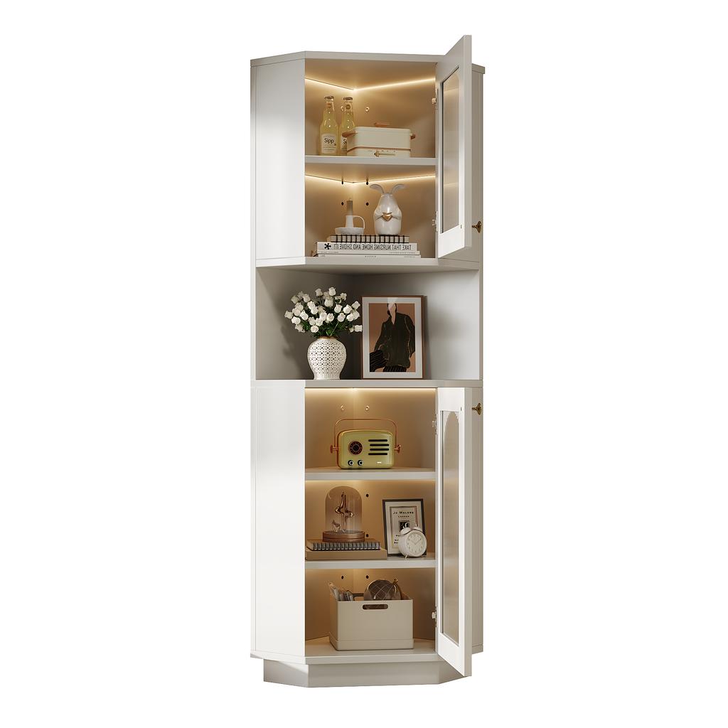 Bathroom Cabinet with Light Strip, Corner Cabinet with Two Storage Compartments, Open Compartment with Adjustable Shelves, 45x 45 x 166.5 cm, White