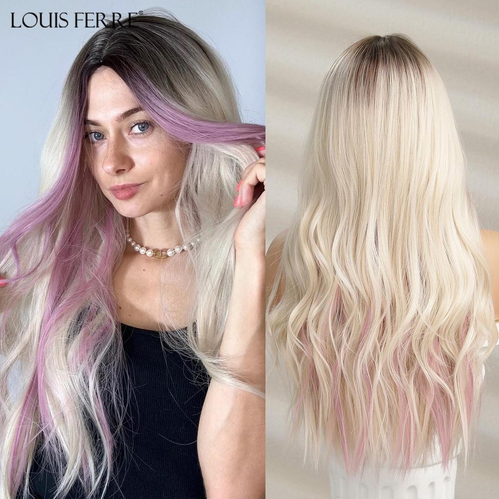 LOUIS FERRE Длинные коричневые розовые волнистые синтетические парики с омбре для женщин, натуральные волнистые вьющиеся волосы со средним пробором, косплей, повседневные волокна, парики