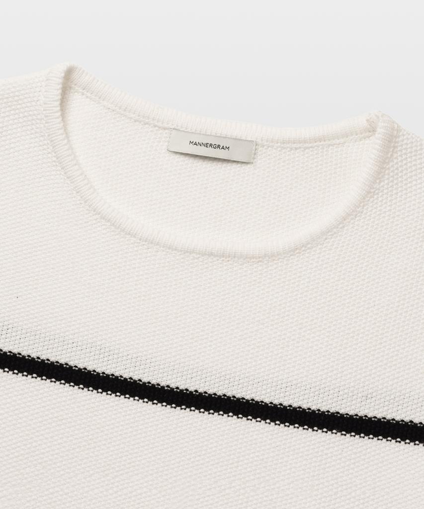 MANNERGRAM Striped Boat Neck 100% Cotton Short Sleeve Knit White