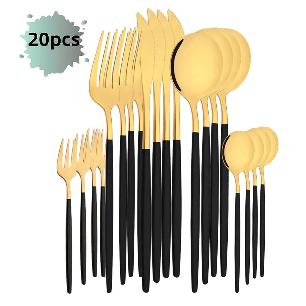 Черный Золотой Набор Столовых Приборов 20 Предметов Столовый Нож Из Нержавеющей Стали Вилка Для Фруктов Ложка Набор Столовых Приборов Кухонная Посуда Набор Столовых Приборов