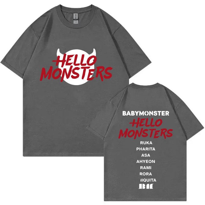 Babymonster T-Shirts Hello Monsters World Tour Double Sided Print T Shirt Unisex Women Korean Fashion Oversized Streetwear Tshirt