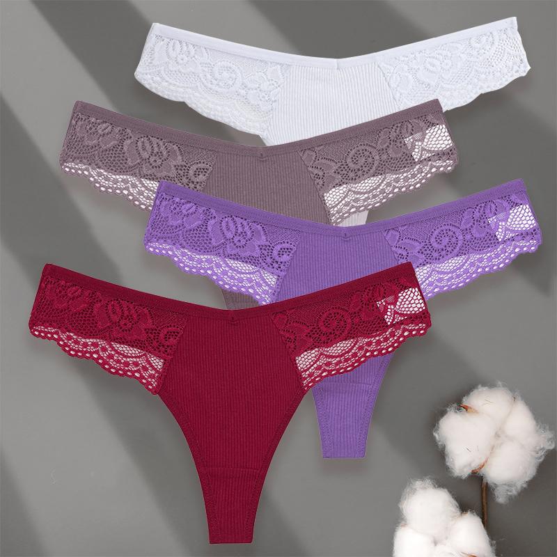 4PCS/Set Sexy V-Waist Women Cotton G-string S-XL Lace Lingerie Panties Thongs Femme Underwear Girls Underpant Intimates