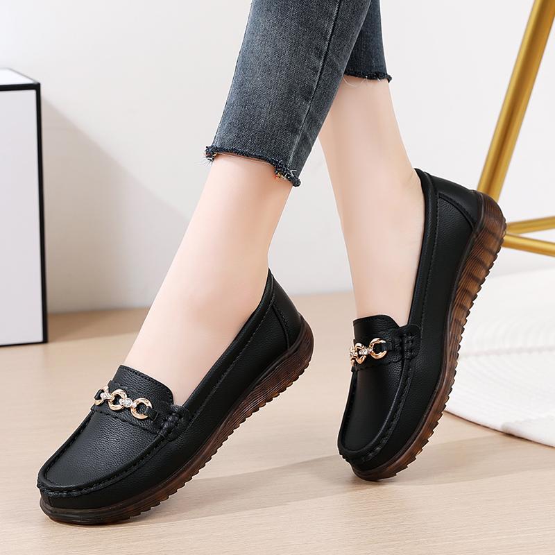 Весенне-осенняя женская повседневная обувь из металлической кожи с мягкой лапшой и мягкой лапшой, женская кожаная обувь