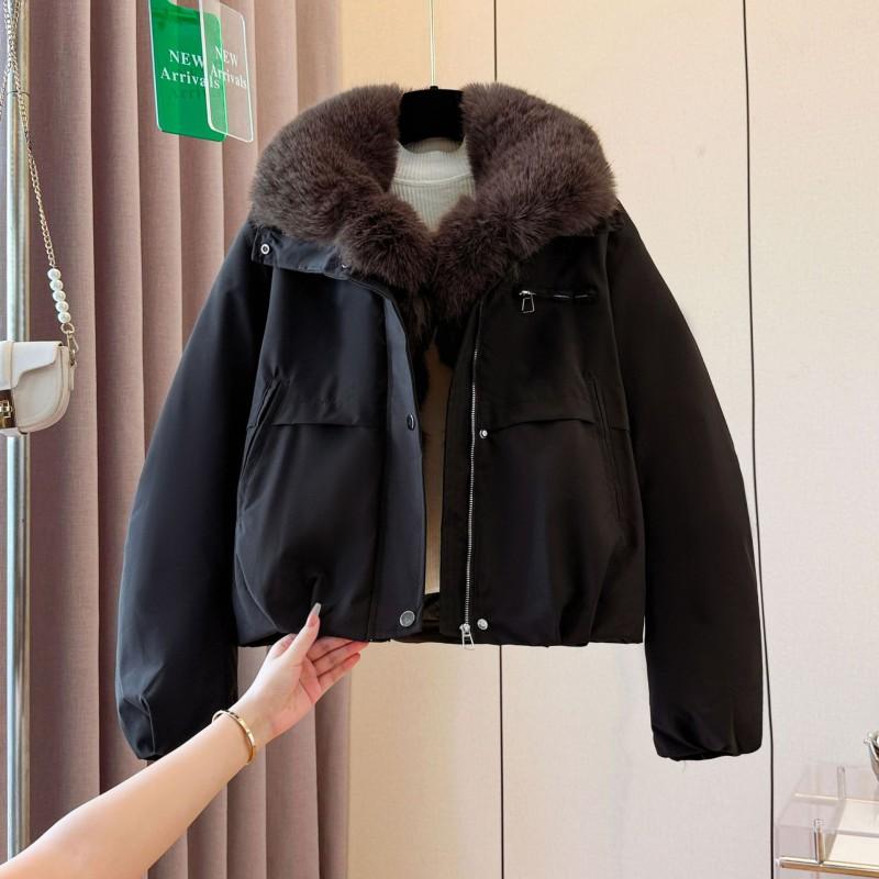 Womens Short Puffer Coat With Faux Fur Collar Thick Warm Cotton-Padded Jacket Winter Commute