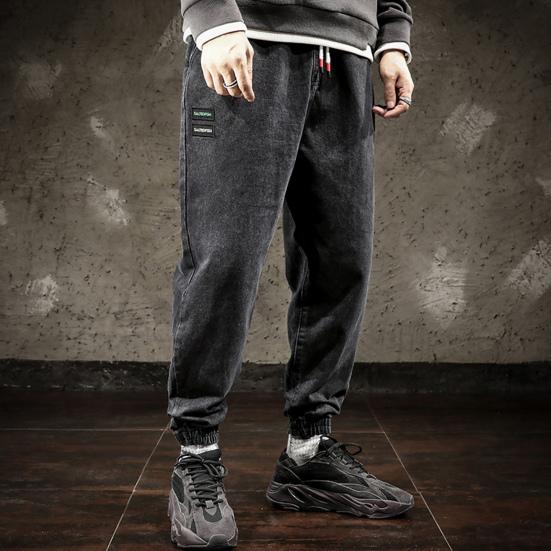 Эластичный пояс со средней посадкой, термоусадочные манжеты на шнурке, повседневные джинсы, мужские джинсы с несколькими карманами, джинсовые спортивные штаны в стиле хип-хоп, уличная одежда