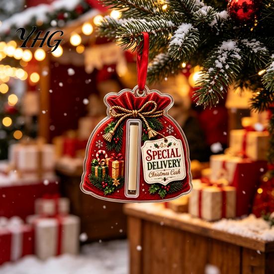 Festive Cash Present Holders 2D Acrylic Christmas Holder Ornament, Gift Card Hanging Unique Tree Ornaments Xmas Decor, Reusable Pocket Keepsake