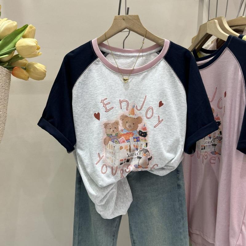 Women Oversized Short Sleeve Raglan T Shirt Cartoon Print Casual