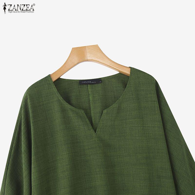 ZANZEA Женская повседневная однотонная блузка с v-образным вырезом и длинным рукавом