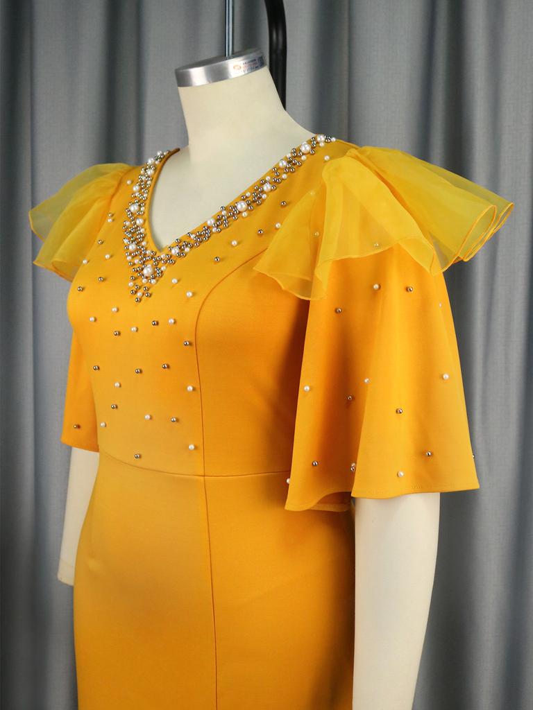 AOMEI Sheath Dresses for Women Yellow V Neck Beading Flare Sleeve High Waist Split Knee Length Evening Party Cocktail Plus Size Gowns Dress