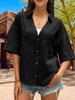 Women's Button Down Collared Blouse V Neck Cotton Short Sleeve Loose Top