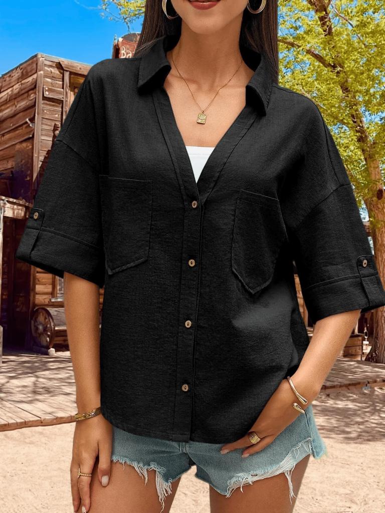 Women's Button Down Collared Blouse V Neck Cotton Short Sleeve Loose Top