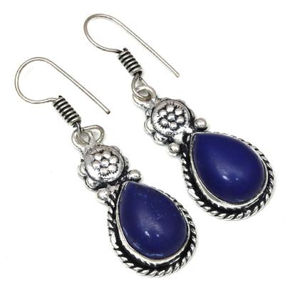 Синий халцедон драгоценный камень ручной работы подарок для нее серебряные ювелирные серьги 1,5''