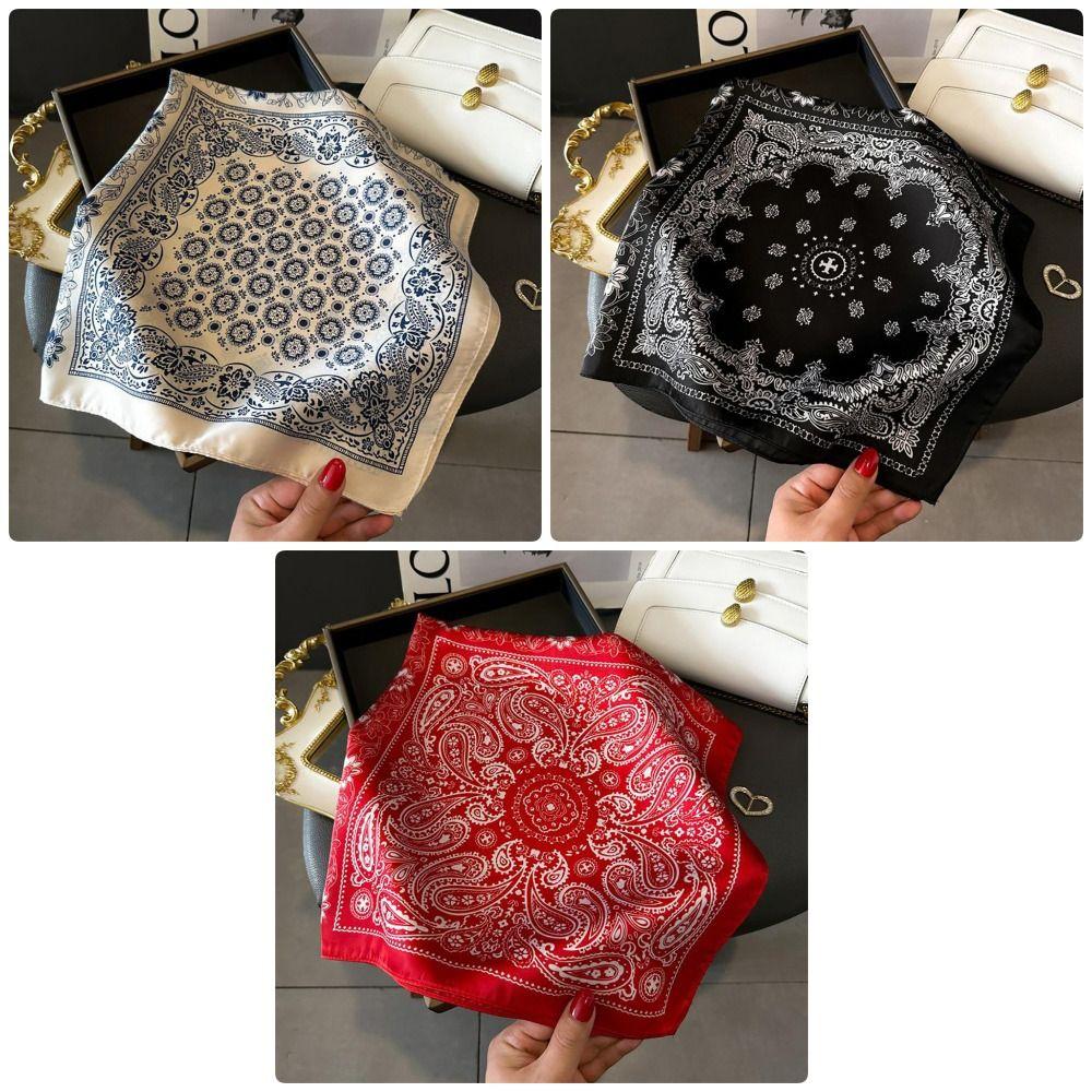 1Pcs Paisley Print Imitation Silk Scarf Breathable Neckerchief Square Scarf  Fashion Accessory
