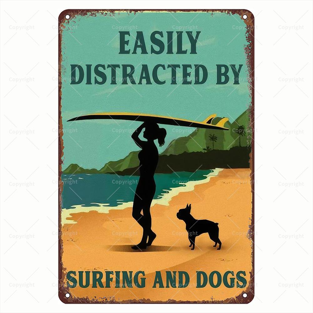 Surf Dogs Vintage Metal Sign Humorous Wall Art for Home Beach House Cafe Bar Perfect Gift Surfers Dog Lovers
