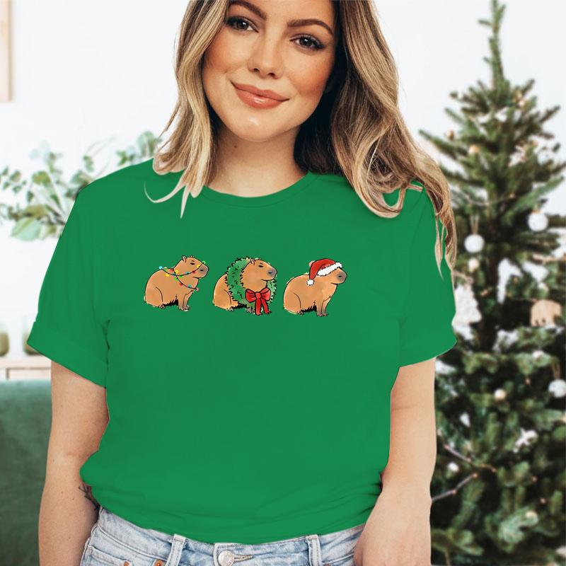 Merry Christmas Capybaras Print Women Fashion Casual Tshirts Capybara Kawaii Cartoon Tee Capybaras Lover Christmas Gift Tshirt