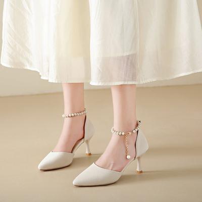Летние туфли-лодочки, босоножки женские с жемчугом, Мэри Джейн, белые туфли на тонком каблуке, на высоком каблуке, универсальные, не утомляющие ноги.