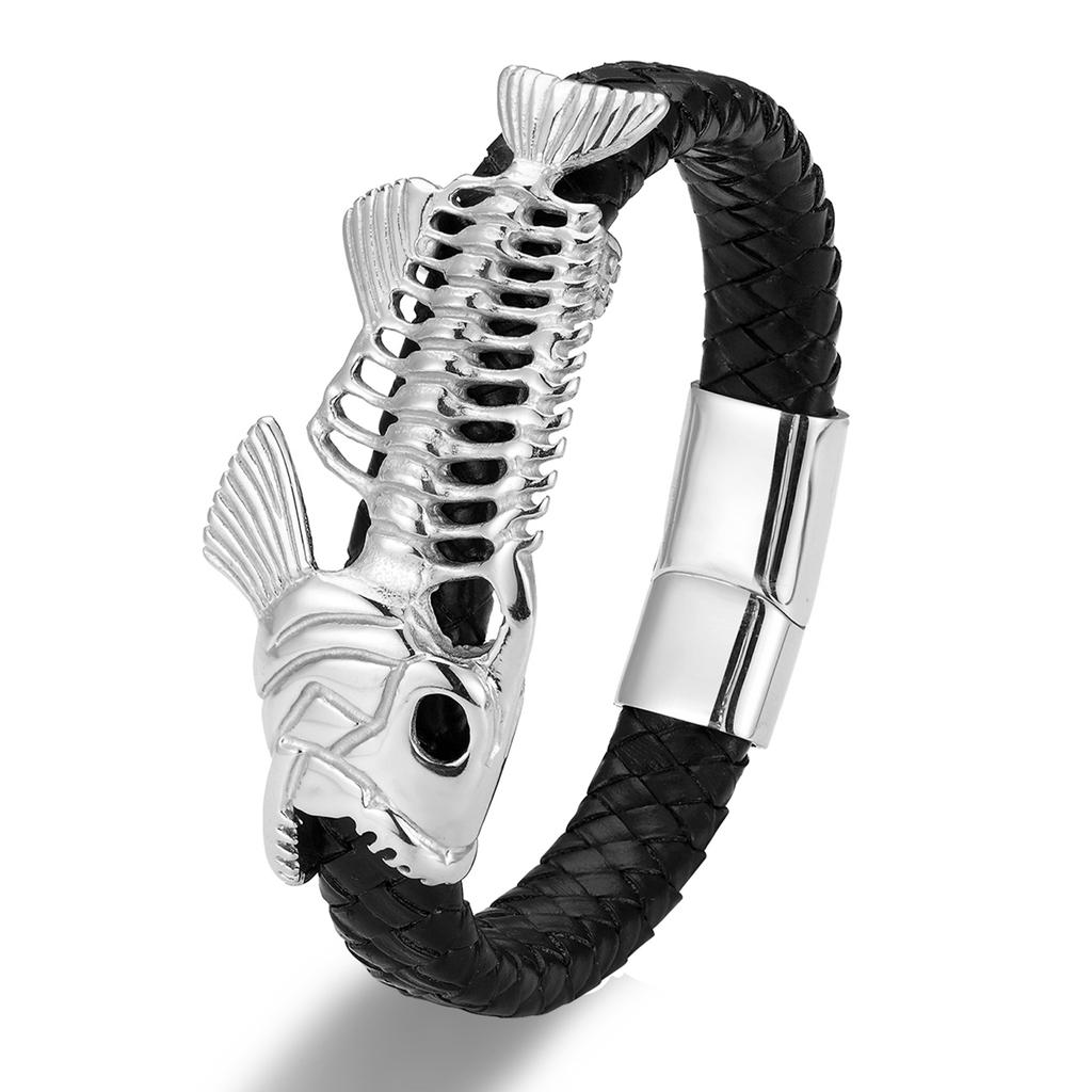 New Punk Design Gold Color Animal Genuine Leather Bracelet Men Female Stainless Steel Lion Wolf Leopard Bangle Wristband Jewelry