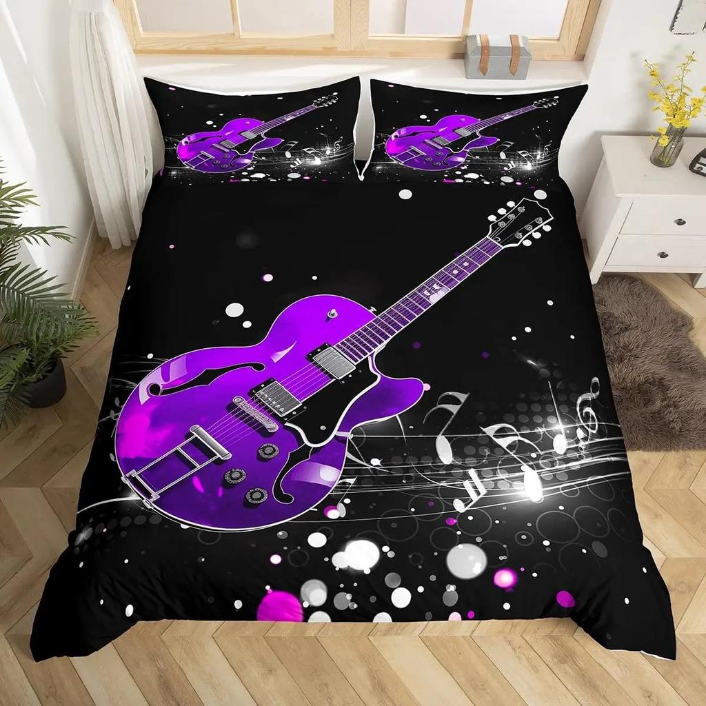 Music Guitar Duvet Cover King Queen Black White and Grey Graffiti Bedding Set Musical Notes Comforter Cover Musical Quilt Cover