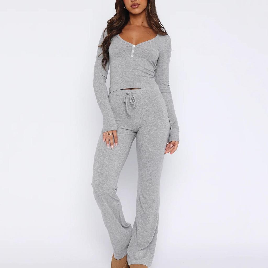 Женский однотонный костюм с длинным рукавом и V-образным вырезом, свободный топ, широкие короткие брюки, осень-зима