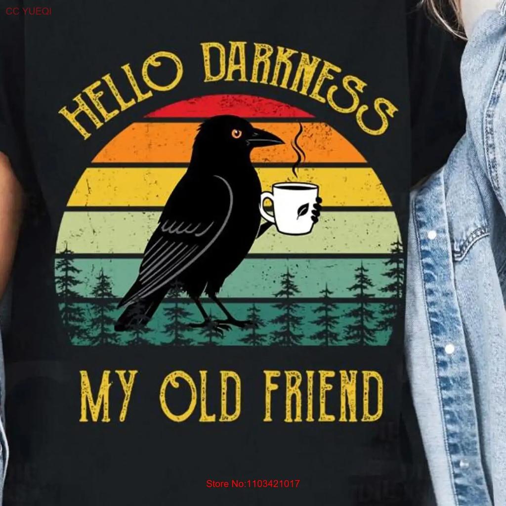 Vintage Crow Halloween T Shirt Hello Darkness My Old Friend Black Bird Coffee Witchy Spooky Season Fall vintage Washed