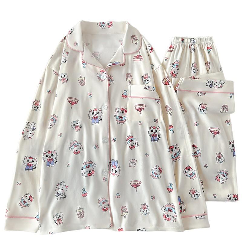 Womens Cute Cat Pajama Set Long Sleeve Fall Winter Casual Loungewear Soft Homewear