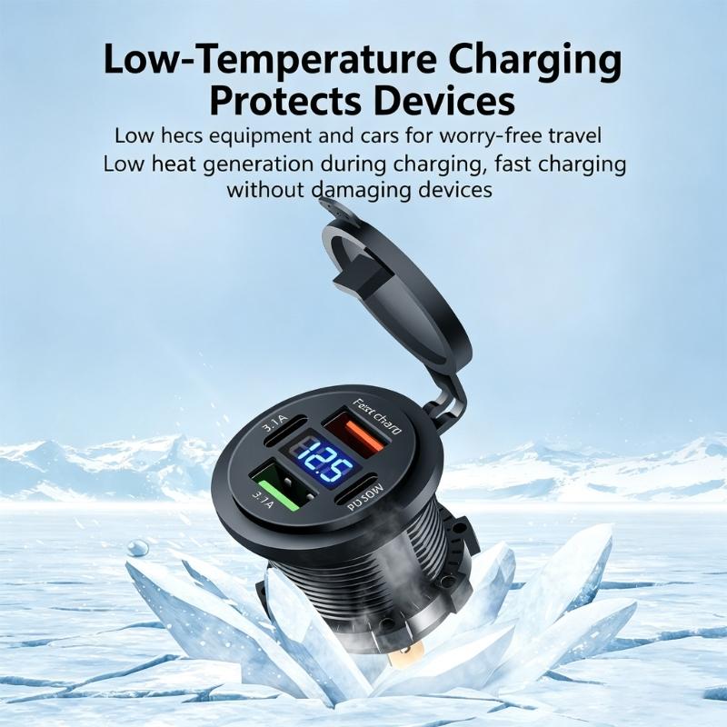 12V-24V Dashboard USB Outlet with Double Type-C and Double USB-A Ports, Built-In Power Readout, Round Panel Socket for Car Boat Motorcycle Consoles