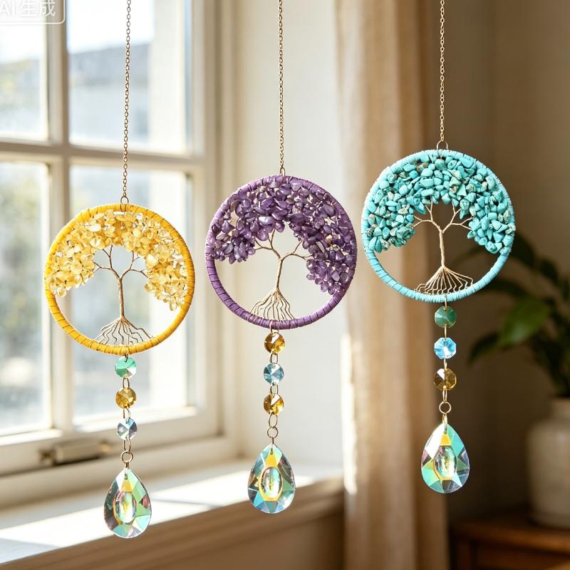 Crystal Sun Capture Crystal Stone Hanging Weaving Tree of Life Car Decoration Home Decoration