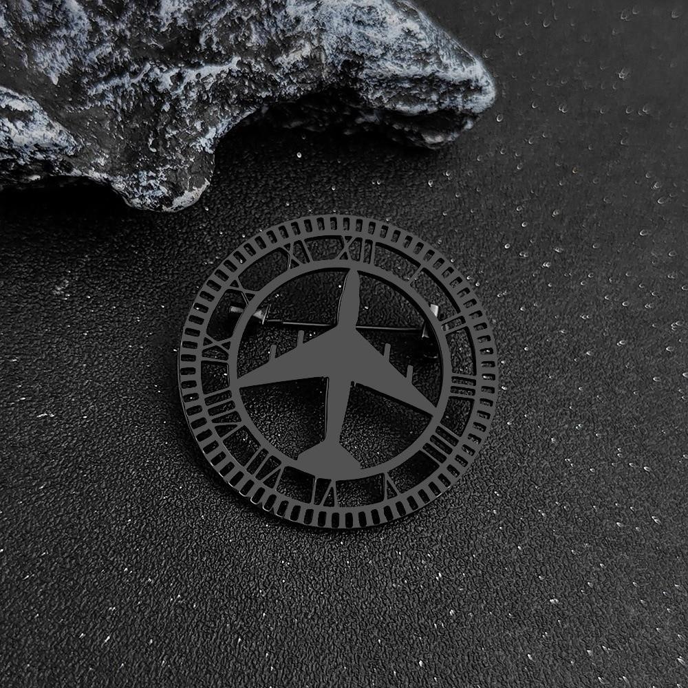 Classic Airplane Lapel Pin Round Hollow Badge Metal Clip Roman Numerals Brooch Suit Lapel