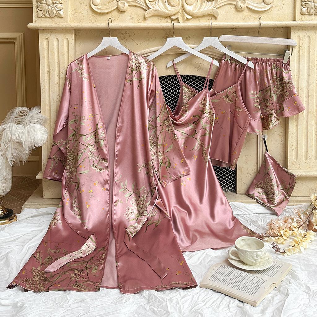 Женская мода, комплект из 5 предметов домашней одежды, пижамный комплект с принтом, удобный халат из ледяного шелка, шорты, платье-комбинация