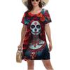 3D Vintage Rose Skull Graphic Print Dress Gothic Style Mini Dress Women Summer Short Sleeve O-Neck Casual A-Line Dress Vestidos