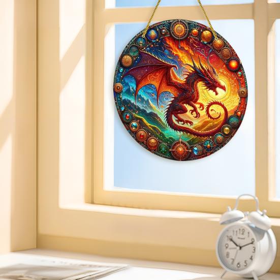 Window Hanging Pendant with Lanyard Realistic Dragon Printing Round Shape Sun Catcher Home Office Garden Decoration Panel Pendant